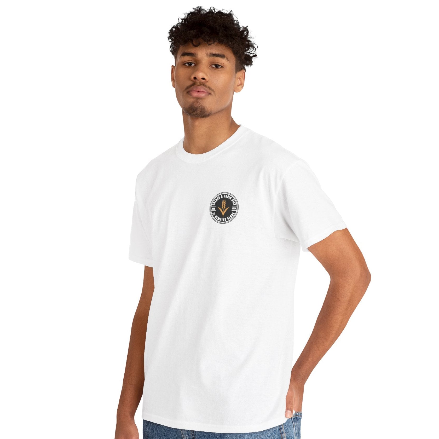 Person wearing a white t-shirt with a logo on a white background