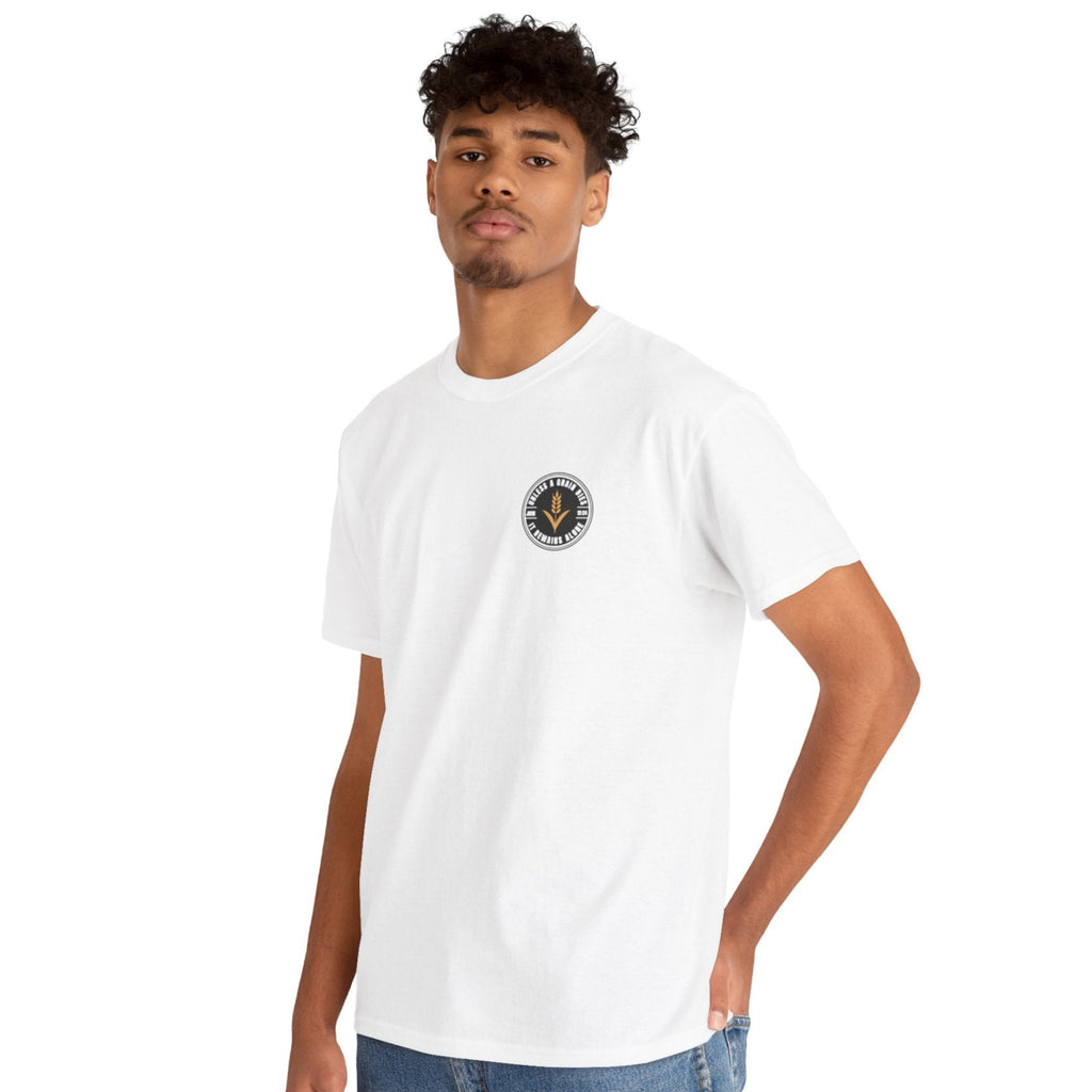 Person wearing a white t-shirt with a logo on a white background