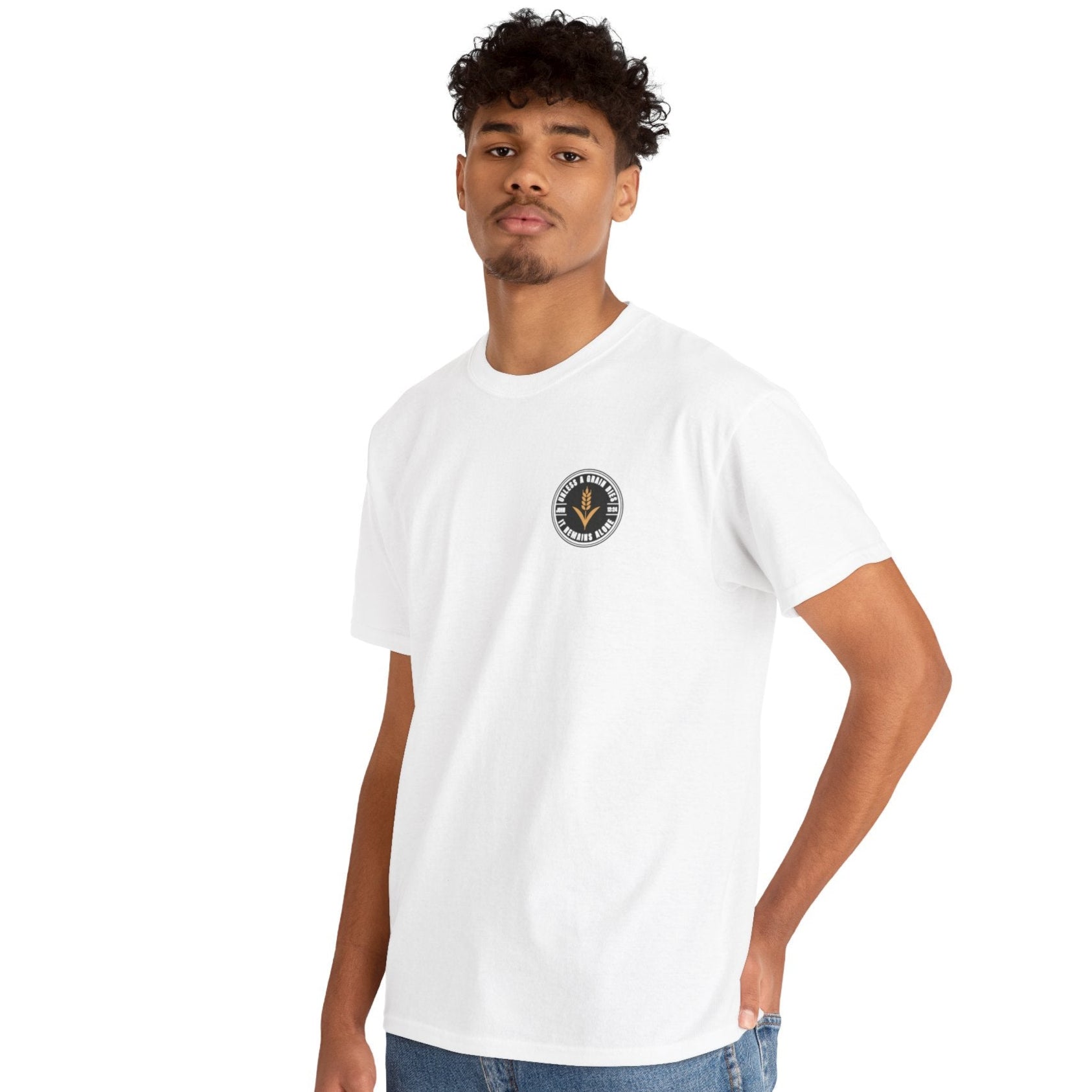 Person wearing a white t-shirt with a logo on a white background