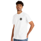 Person wearing a white t-shirt with a logo on a white background